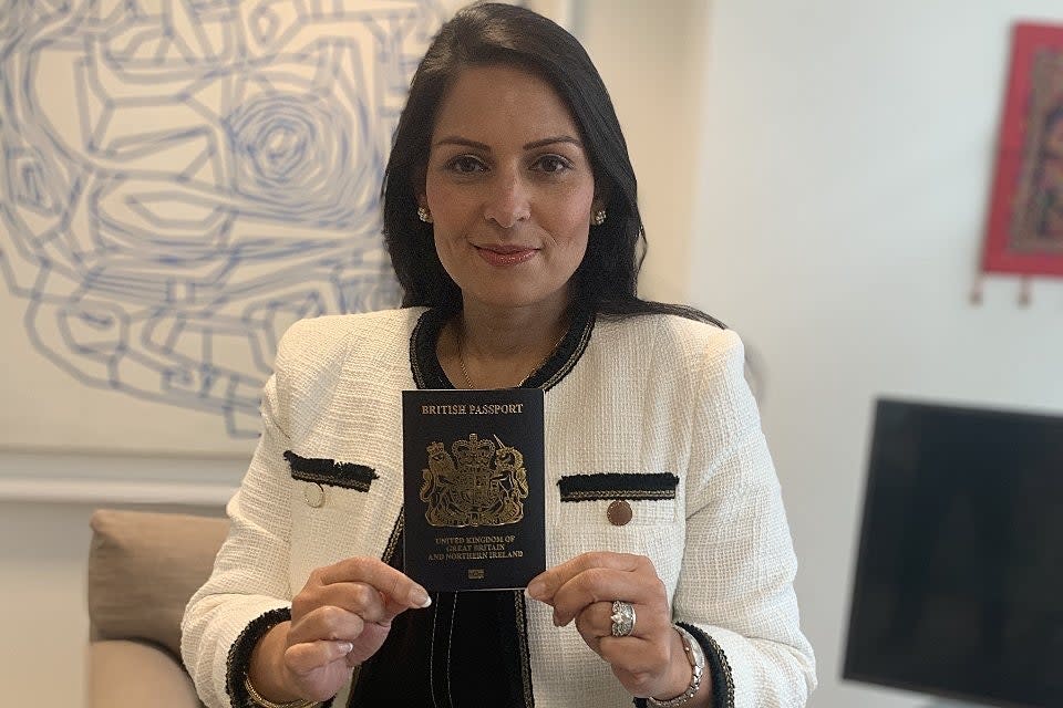 New dawn: the home secretary, Priti Patel, with a post-Brexit ‘blue’ passport (Home Office)