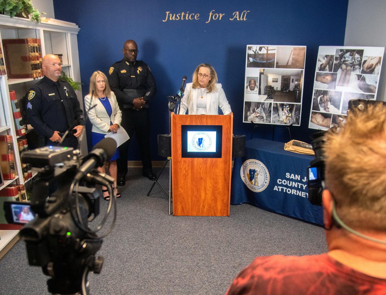 San Joaquin District Attorney Tori Verber Salazar speaks during a news conference at the DA's Office in downtown Stockton on Tuesday about the upcoming state parole board hearing for Anthony Waiters. Waiters, who was convicted in 2010 of torturing a 16-year-old boy, is up for parole after serving 11 years. Verber Salazar, who is against granting him parole, called for Stockton citizens to write in to the DA's website to also protest Waiters' release.