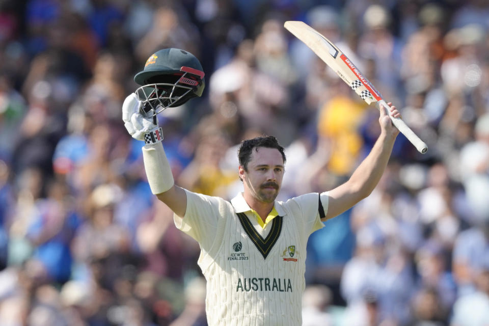 Australia's Travis Head celebrates after getting 100 runs not out on the first day of the ICC World Test Championship Final between India and Australia at The Oval cricket ground in London, Wednesday, June 7, 2023. (AP Photo/Kirsty Wigglesworth)