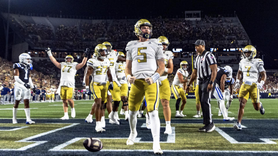 Georgia Tech quarterback Zach Pyron (5) celebrates in the end zone after a rushing touchdown in the first quarter of a football game against the Duke, during an NCAA college football game, Saturday, Oct. 5, 2024, in Atlanta. (AP Photo/Jason Allen)