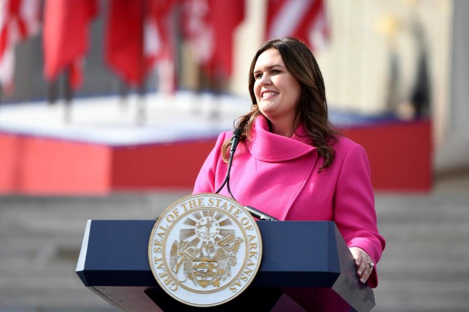 Arkansas Gov. Sarah Huckabee Sanders speaks after taking the oath of the office on the steps of the Arkansas Capitol on Jan. 10.