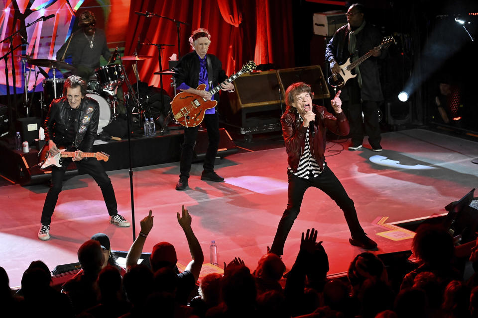 FILE - The Rolling Stones perform at a celebration for the release of their new album, "Hackney Diamonds," Oct. 19, 2023, in New York. The Rolling Stones will perform at this year’s New Orleans Jazz & Heritage Festival. (Photo by Evan Agostini/Invision/AP, File)