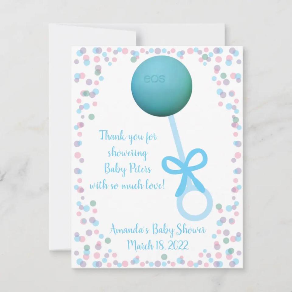 <p><a href="https://go.redirectingat.com?id=74968X1596630&url=https%3A%2F%2Fwww.zazzle.com%2Fbaby_rattle_shower_favor_eos_lip_balm_note_card-256577115139447471&sref=https%3A%2F%2Fwww.womansday.com%2Flife%2Fg28107872%2Fbaby-shower-favors%2F" rel="nofollow noopener" target="_blank" data-ylk="slk:Shop Now;elm:context_link;itc:0;sec:content-canvas" class="link ">Shop Now</a></p><p>Personalized EOS Lip Balm Baby Rattle Note Card Favor</p><p>zazzle.com</p><p>$13.30</p><span class="copyright">CreaseStudio</span>