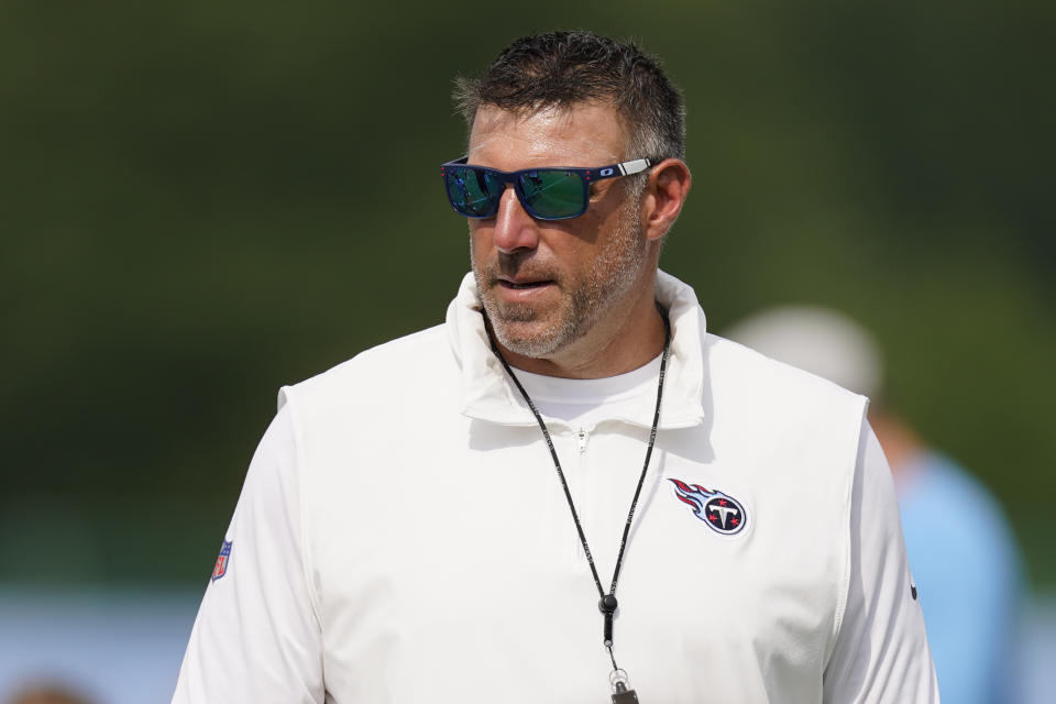 Tennessee Titans head coach Mike Vrabel walks the field during an NFL football training camp practice Wednesday, July 26, 2023, in Nashville, Tenn. (AP Photo/George Walker IV)