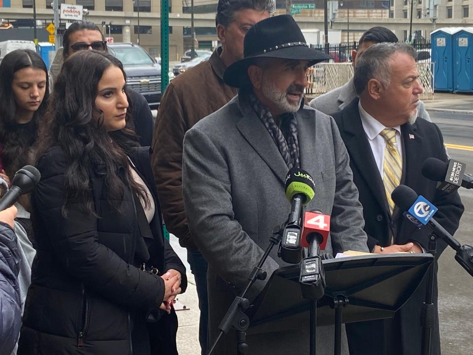 James Allen, chair of Arab American Civil Rights League, speaks at a news conference talking about a lawsuit he filed Oct. 13, 2023, against the State and Defense departments to help evacuate a Dearborn couple and other Palestinian Americans from Gaza who are trying to leave.