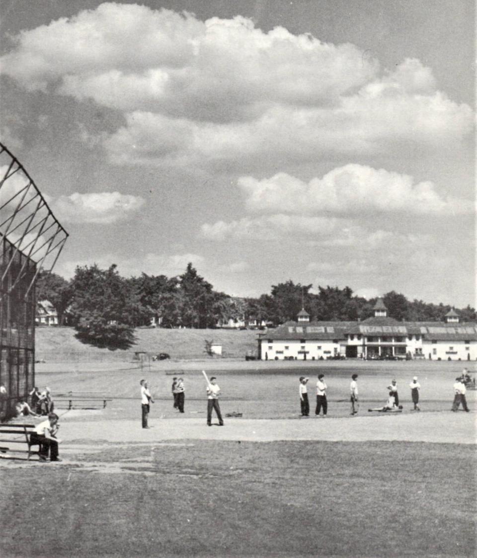 A baseball game being played at En-Joie Park, about 1940.