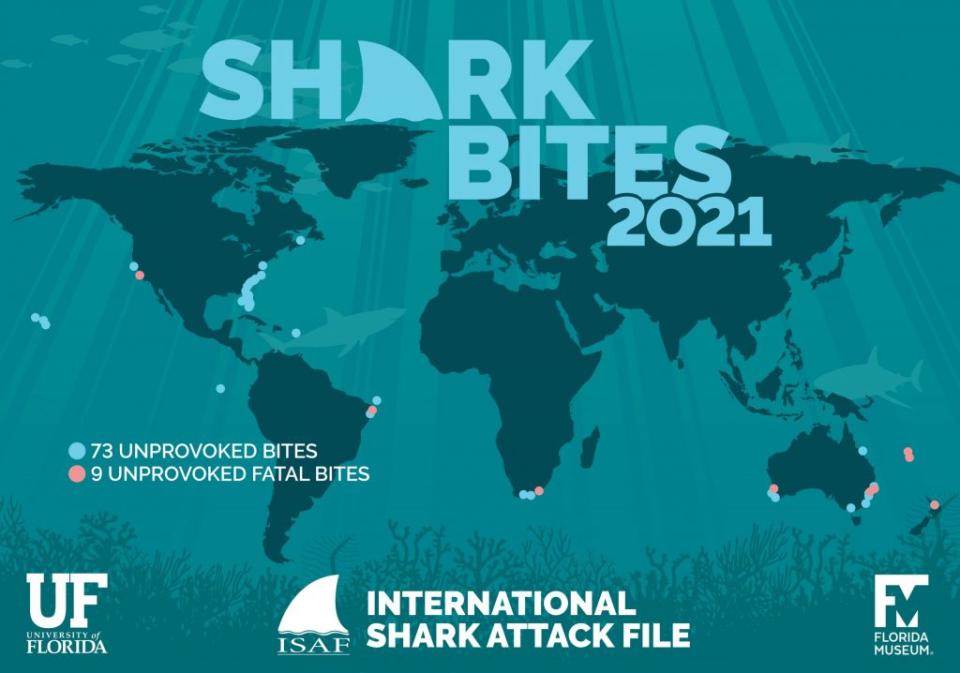 Pictured is a map to show where all the shark attacks happened around the world in 2021.