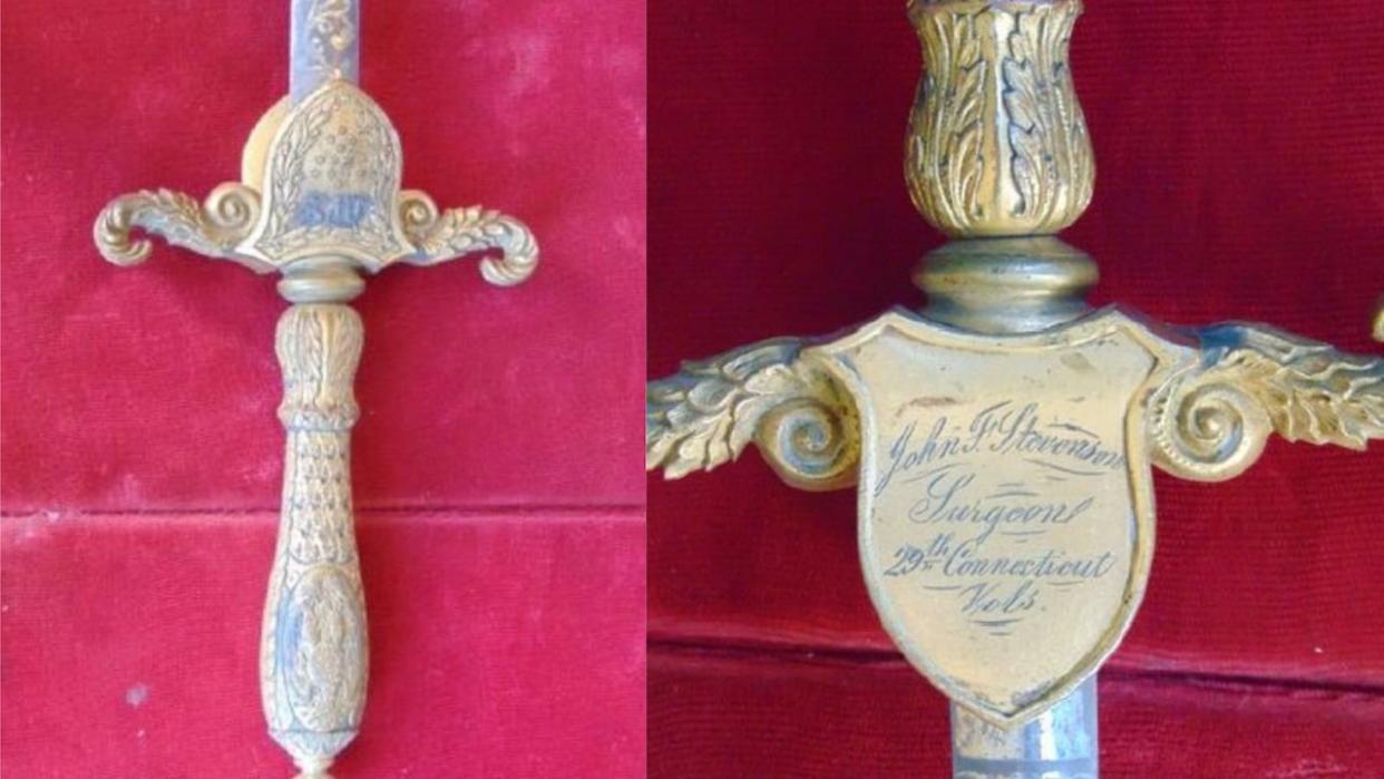 The hilt of John S. Stevenson's Civil War sword with his name inscribed. (Robert Low - image credit)