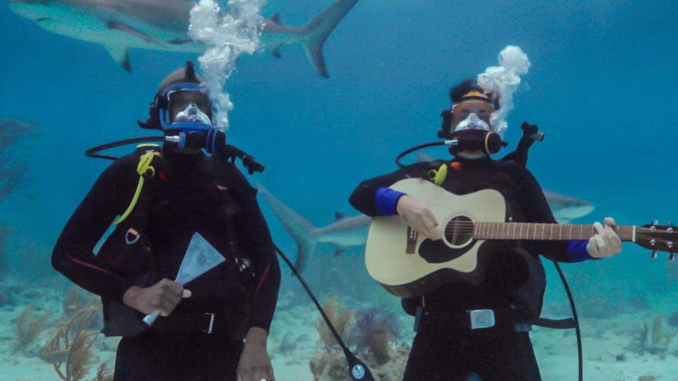 JB Smoove and Brad Paisley perform underwater to see how sharks respond to the music.