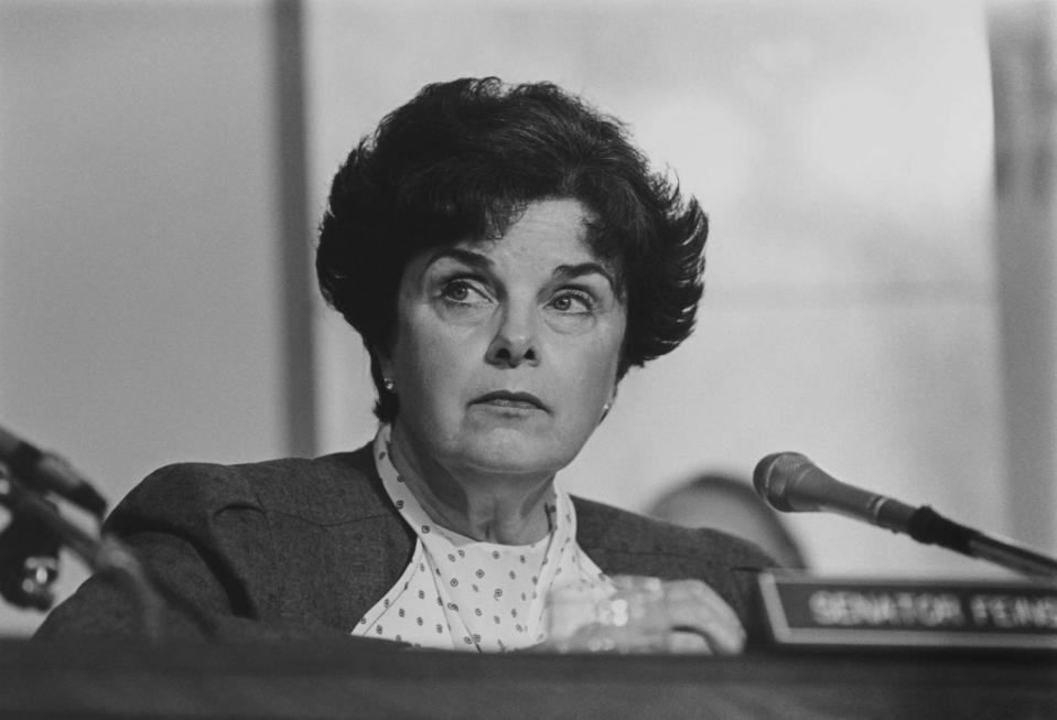 PHOTO: Sen. Dianne Feinstein, D-Calif., at the Senate Rules Hearing, on May 20, 1993. (Laura Patterson/CQ Roll Call via Getty Images, FILE)