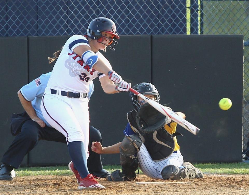 BNL junior Braxton McCauley smashes an RBI double during BNL's 8-1 win over Castle in the regional Tuesday night.