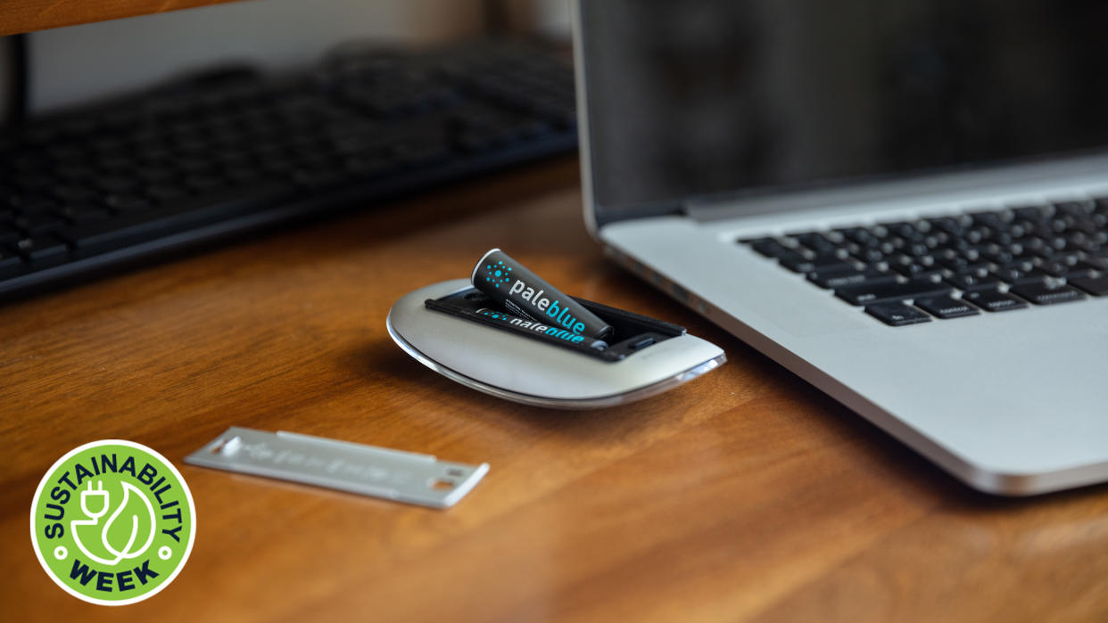  Paleblue batteries inside a wireless mouse. 