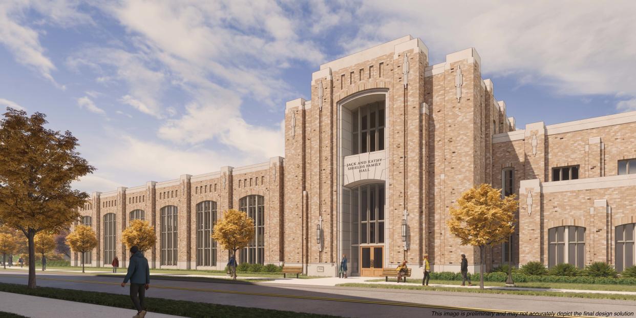 This University of Notre Dame graphic show where the new Jack and Kathy Shields Family Hall will be located. The facility, which is scheduled to be completed in 2026 will serve as the operations center for the football program. A ground-breaking ceremony was held on campus Saturday, April 20, 2024 before the annual Blue-Gold Game.