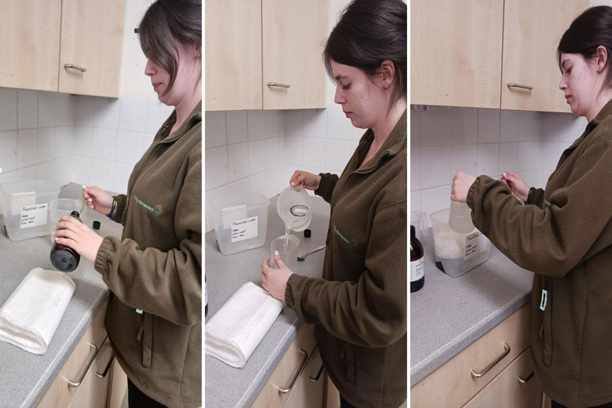 Tops Salisbury deputy manager Emily Rowe demonstrates how the nursery makes its own eco-friendly baby wipes. <i>(Image: Hayley Randall)</i>