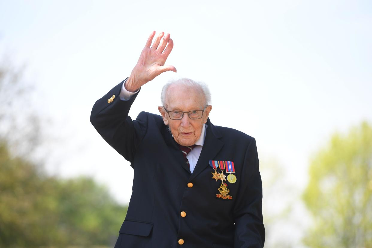 99-year-old war veteran Captain Tom Moore at his home in Marston Moretaine, Bedfordshire, after he achieved his goal of 100 laps of his garden - raising more than 12 million pounds for the NHS.