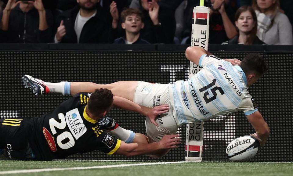 Racing 92's England full-back Henry Arundell touches down against La Rochelle for his fourth try of the season