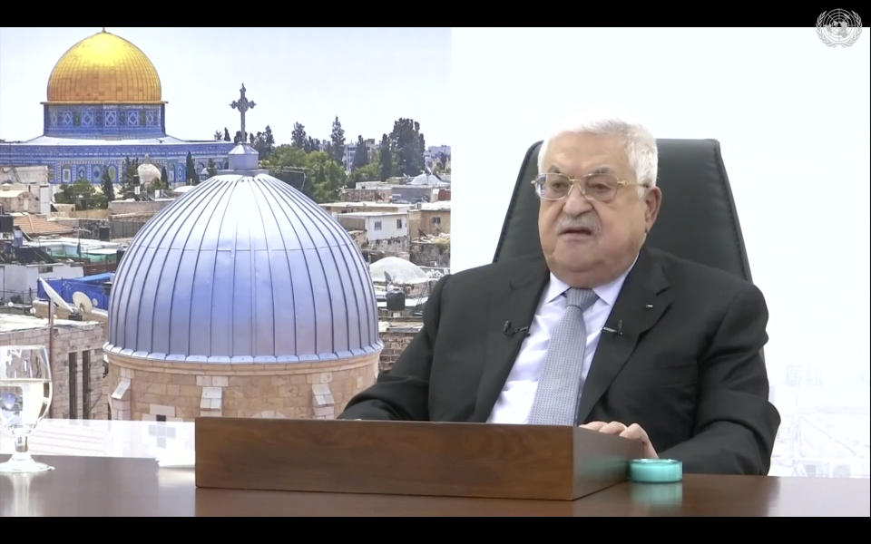 In this photo taken from video, Palestinian President Mahmoud Abbas remotely addresses the 76th session of the United Nations General Assembly in a pre-recorded message, Friday, Sept. 24, 2021, at UN headquarters. (UN Web TV via AP)