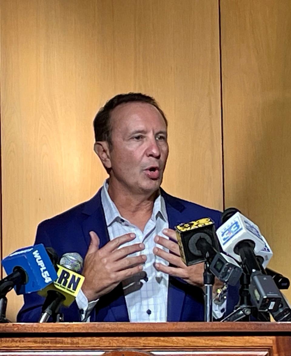Republican Attorney General Jeff Landry addresses reporters on Aug. 9, 2023 before he qualified to run for governor in the 2023 Louisiana governor's race.