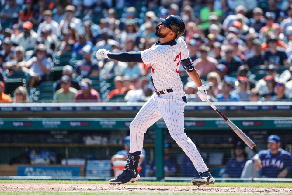 Tigers center fielder Riley Greene singles in his first-ever MLB at-bat against Rangers during the first inning on Saturday, June 18, 2022, at Comerica Park.
