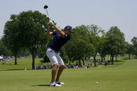 Carlos Ortiz, of Mexico, hits his tee shot on the third hole during a practice round for the PGA Championship golf tournament, Wednesday, May 18, 2022, in Tulsa, Okla. (AP Photo/Matt York)