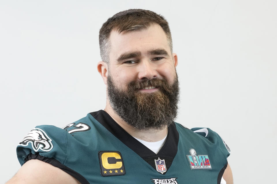FILE - Philadelphia Eagles center Jason Kelce poses for a portrait at NFL football Super Bowl 57 opening night, Monday, Feb. 6, 2023, in Phoenix. Eagles center Jason Kelce has told teammates he intends to retire after 13 NFL seasons, according to three people informed of the decision. They spoke to the AP on condition of anonymity Tuesday, Jan. 16, 2024, out of respect for Kelce's decision, which has not yet been made public. (AP Photo/Doug Benc, File)