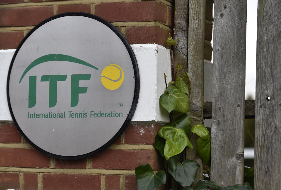 A logo is seen at the entrance to the International Tennis Federation headquarters, where the Tennis Integrity Unit is based, in London, Britain January 18, 2016. World tennis was rocked on Monday by allegations that the game's authorities have failed to deal with widespread match-fixing, just as the Australian Open, the first grand slam tournament of the year, kicked off in Melbourne. Tennis authorities rejected reports by the BBC and online BuzzFeed News, which said 16 players who have been ranked in the top 50 had been repeatedly flagged to the Tennis Integrity Unit (TIU) over suspicions they had thrown matches in the past decade. REUTERS/Toby Melville