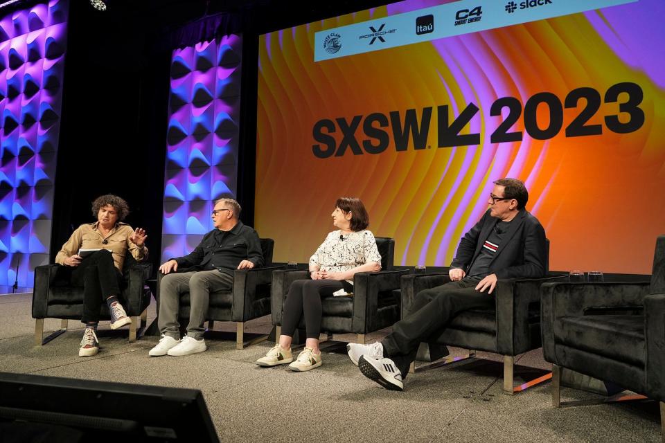 From left, the London Times' Will Hodgkinson speaks with New Order's Bernard Sumner, Gillian Gilbert and Stephen Morris during their keynote at SXSW this spring. Next year, all artists who play at the festival will be given full access to conference programming.