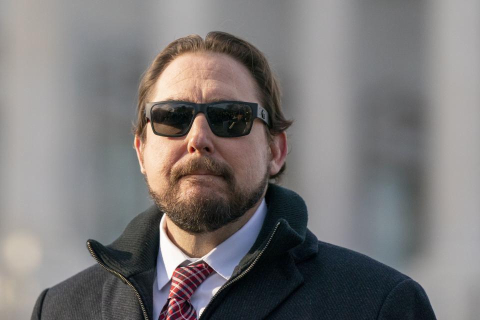 Rep. Eli Crane, R-Ariz., calls for impeaching Homeland Security Secretary Alejandro Mayorkas, during a news conference on Capitol Hill, Wednesday, Feb. 1, 2023, in Washington.