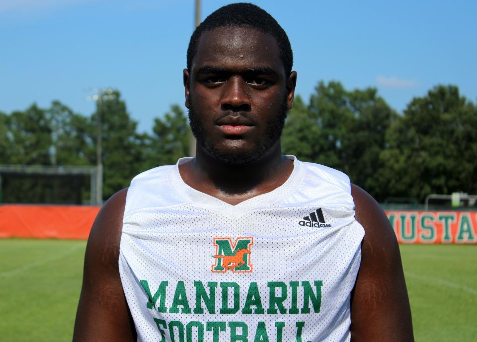 Mandarin offensive lineman Deryc Plazz is pictured at high school football practice on August 1, 2023. [Clayton Freeman/Florida Times-Union]