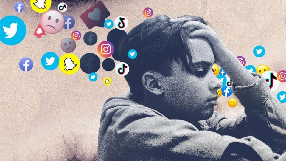 照片中，孩子一只手放在额头，周围环绕着社交媒体徽标和表情符号。