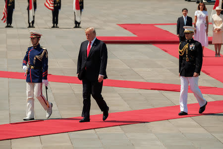 U.S. President Donald Trump attends a welcome ceremony at the Imperial Palace in Tokyo, Japan May 27, 2019. Nicolas Datiche/Pool via Reuters