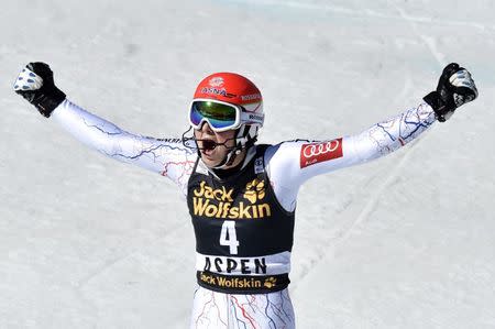 Mar 18, 2017; Aspen, CO, USA; Petra Vlhova of Slovakia celebrates during the women's slalom alpine skiing race in the 2017 Audi FIS World Cup Finals at Aspen Mountain. Mandatory Credit: Michael Madrid-USA TODAY Sports