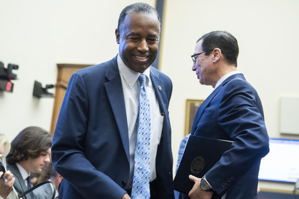 UNITED STATES - OCTOBER 22: HUD Secretary Ben Carson, left, and Treasury Secretary Steven Mnuchin are seen during the House Financial Services Committee hearing titled The End of Affordable Housing? A Review of the Trump Administrations Plans to Change Housing Finance in America, in Rayburn Building on Tuesday, October 22, 2019. (Photo By Tom Williams/CQ-Roll Call, Inc via Getty Images),