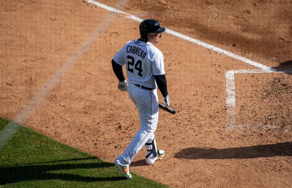 Miguel Cabrera goes at bat during his last game with the Tigers inside Comerica Park in Detroit on Sunday, Oct. 1, 2023.