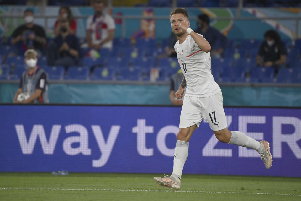 Italy's Ciro Immobile celebrates scoring his side's second goal during the Euro 2020, soccer championship group A match between Italy and Turkey, at the Rome Olympic stadium, Friday, June 11, 2021. (Alfredo Falcone/LaPresse via AP)