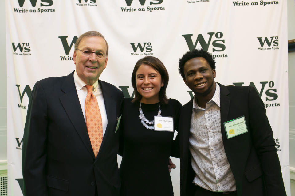 Byron Yake, left, Kristie Keleshian, center, and Olu Ologundudu, right, at the 2019 Write on Sports Gala, held at Yale Club of New York City. (Phil Leo/Write on Sports via AP)