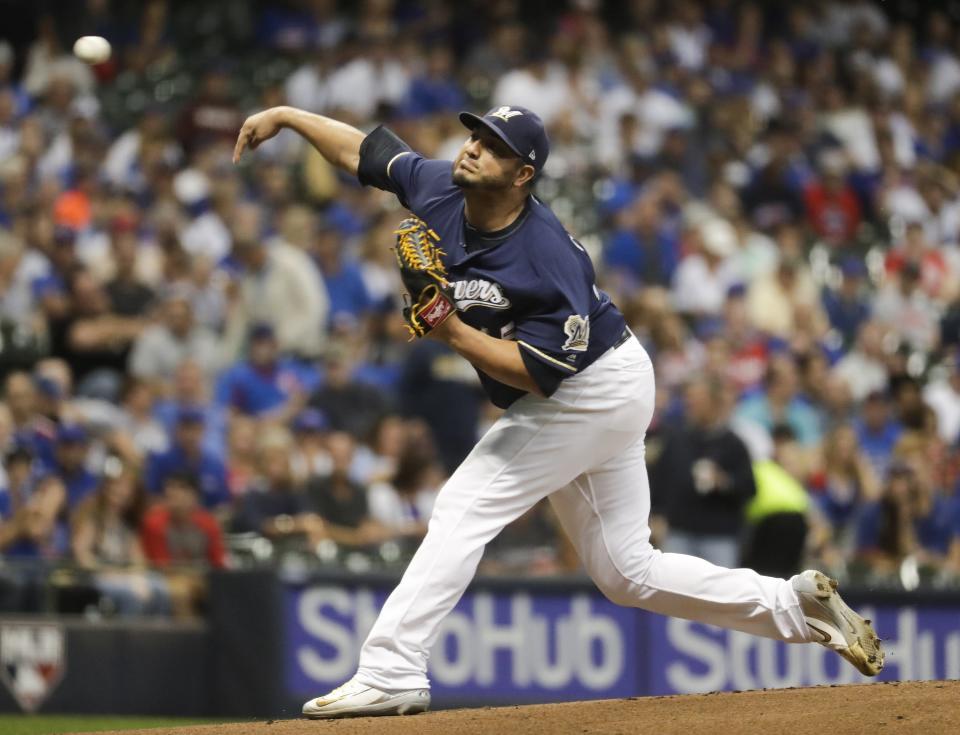 Milwaukee Brewers starting pitcher Jhoulys Chacin throws during the first inning of a baseball game against the Chicago Cubs Wednesday, Sept. 5, 2018, in Milwaukee. (AP Photo/Morry Gash)