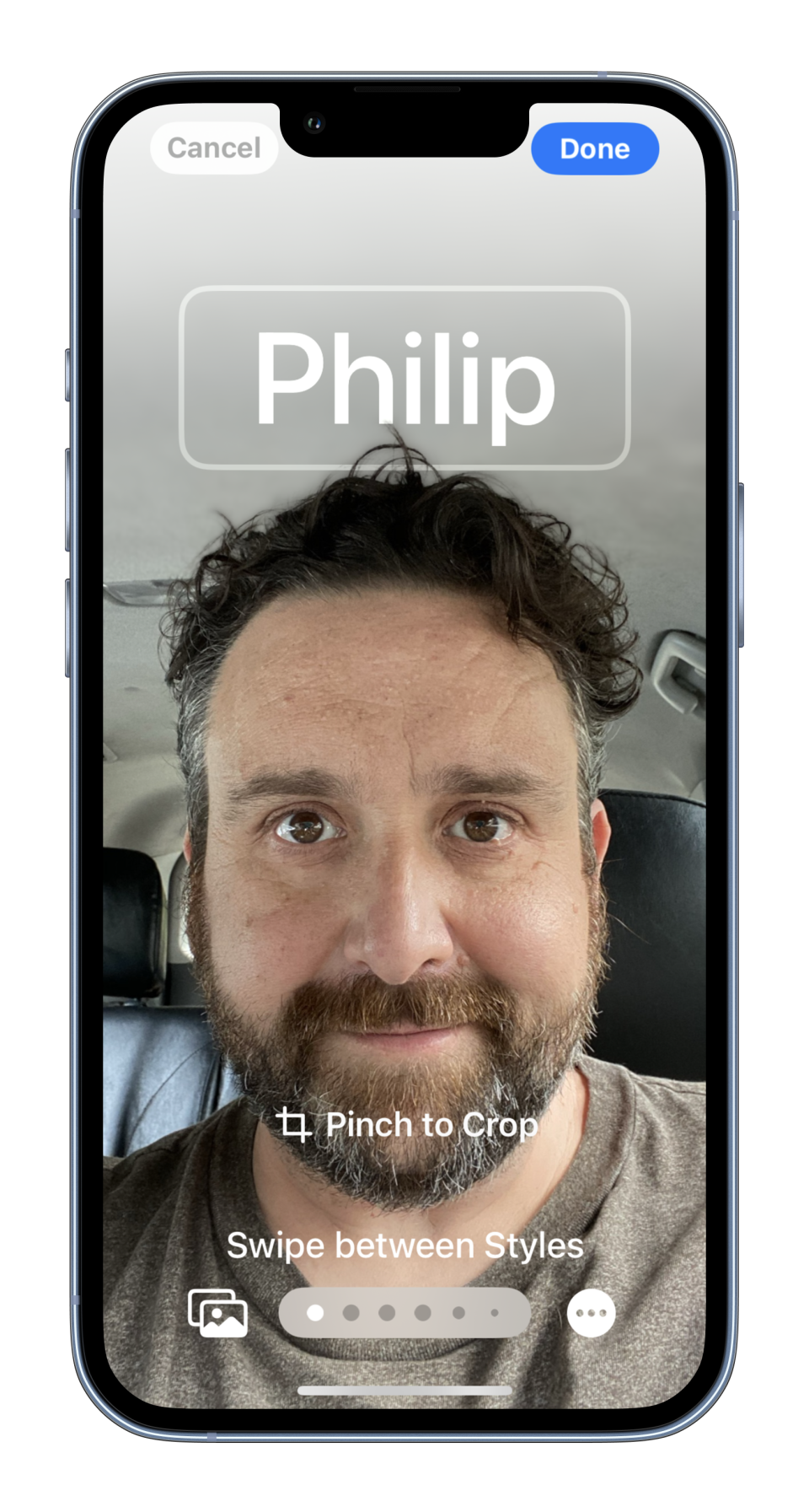 MockUPhone screenshots of the contact poster on iOS 17 showing my face with name and different color and filter options