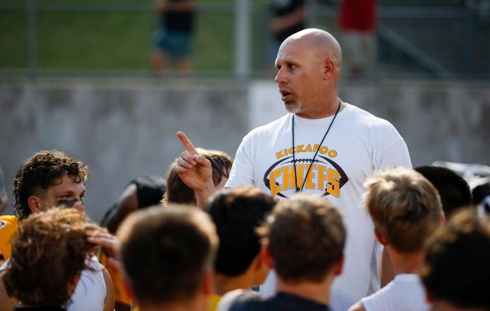 Kickapoo Head Football Coach Nate Thomas during the football jamboree at Ozark with the Ozark Tigers and the Nixa Eagles on Friday, Aug. 18, 2023.