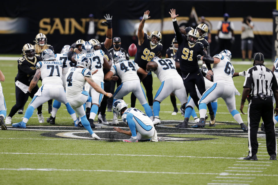 Panthers kicker Joey Slye (4) missed what would have been an NFL-record 65-yard field goal to tie the game, which the Saints ultimately won. (AP Photo/Brett Duke)