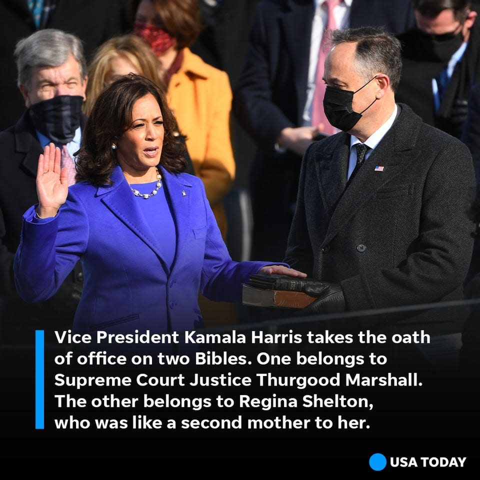 Vice President Kamala Harris took the oath of office in a barrier-breaking ceremony on Jan. 20, 2021, becoming the first woman, first Black American and first South Asian American to hold the office.