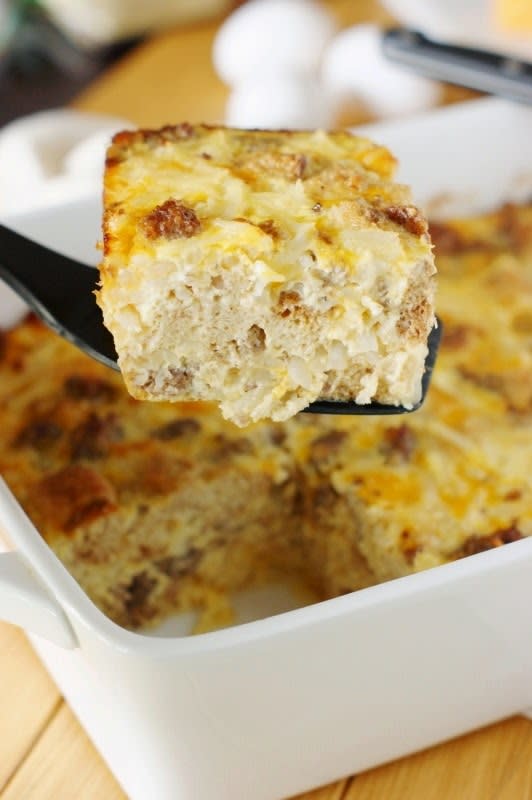 <p>The Kitchen is My Playground</p><p>No peeling or shredding here—this one uses pre-shredded hashbrowns.</p><p><strong>Get the recipe: </strong><a href="http://www.thekitchenismyplayground.com/2015/03/overnight-sausage-egg-hash-brown.html" rel="nofollow noopener" target="_blank" data-ylk="slk:Overnight Sausage Casserole;elm:context_link;itc:0;sec:content-canvas" class="link "><strong>Overnight Sausage Casserole</strong></a></p>