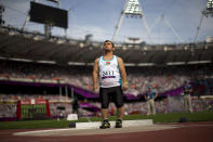Iraq's Kovan Abdulraheem concentrates at Men's Shot Put - F40 at the 2012 Paralympics in London, Thursday, Sep. 6, 2012. (AP Photo/Emilio Morenatti)