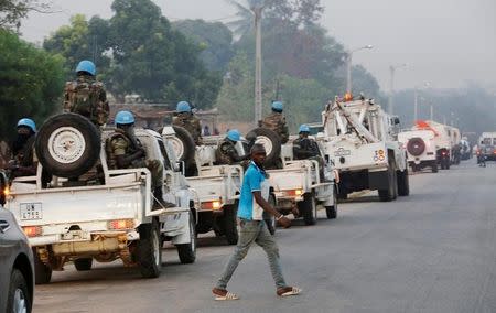 A convoy of the United Nation peacekeepers from Senegal is seen parked along a road in Bouake, Ivory Coast, January 6, 2017. REUTERS/Thierry Gouegnon