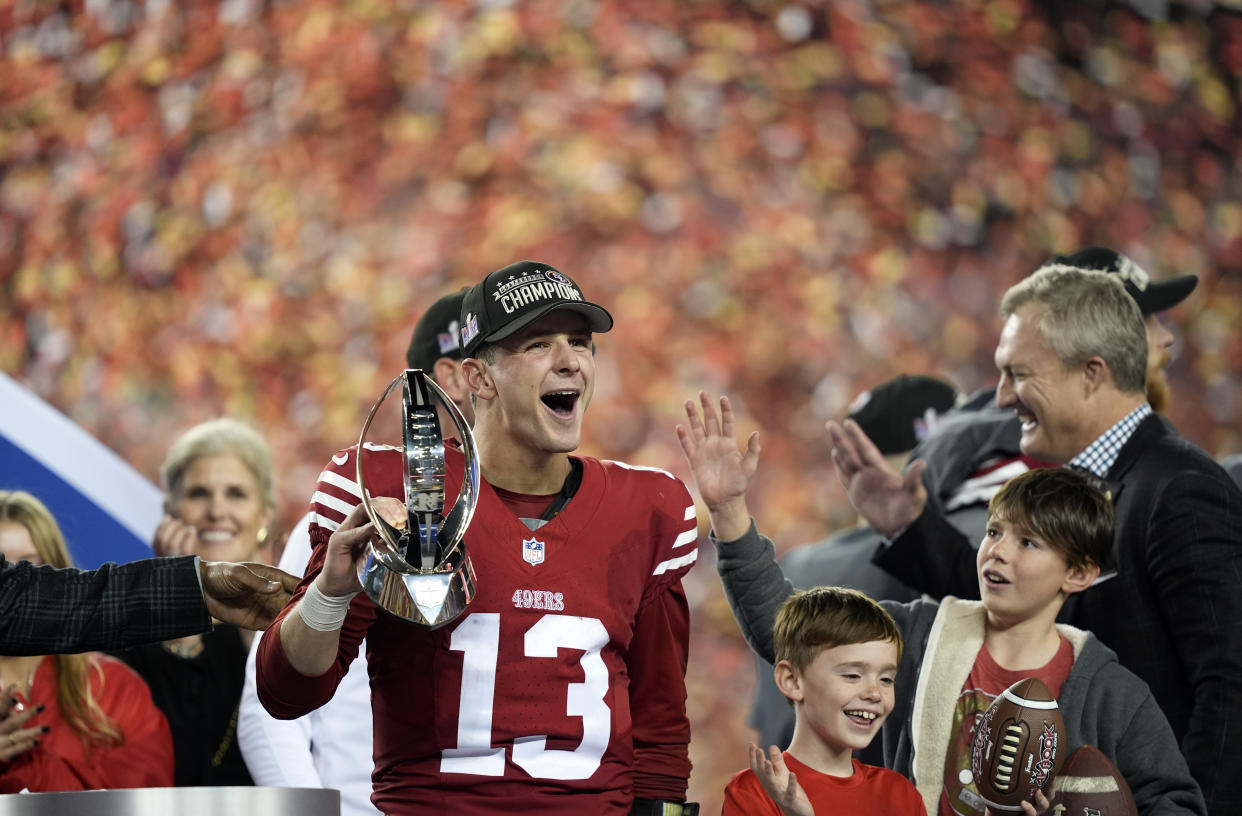 Brock Purdy has engineered two straight comeback wins in the playoffs to lead the 49ers to the Super Bowl. Now he has a chance to etch his name in history. (AP Photo/David J. Phillip)