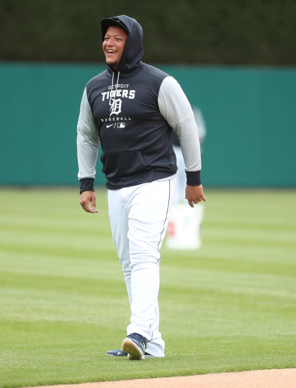 Tigers DH Miguel Cabrera works on his dance moves April 7, 2022 at Comerica Park before their last practice ahead of Opening Day April 8 against the White Sox.