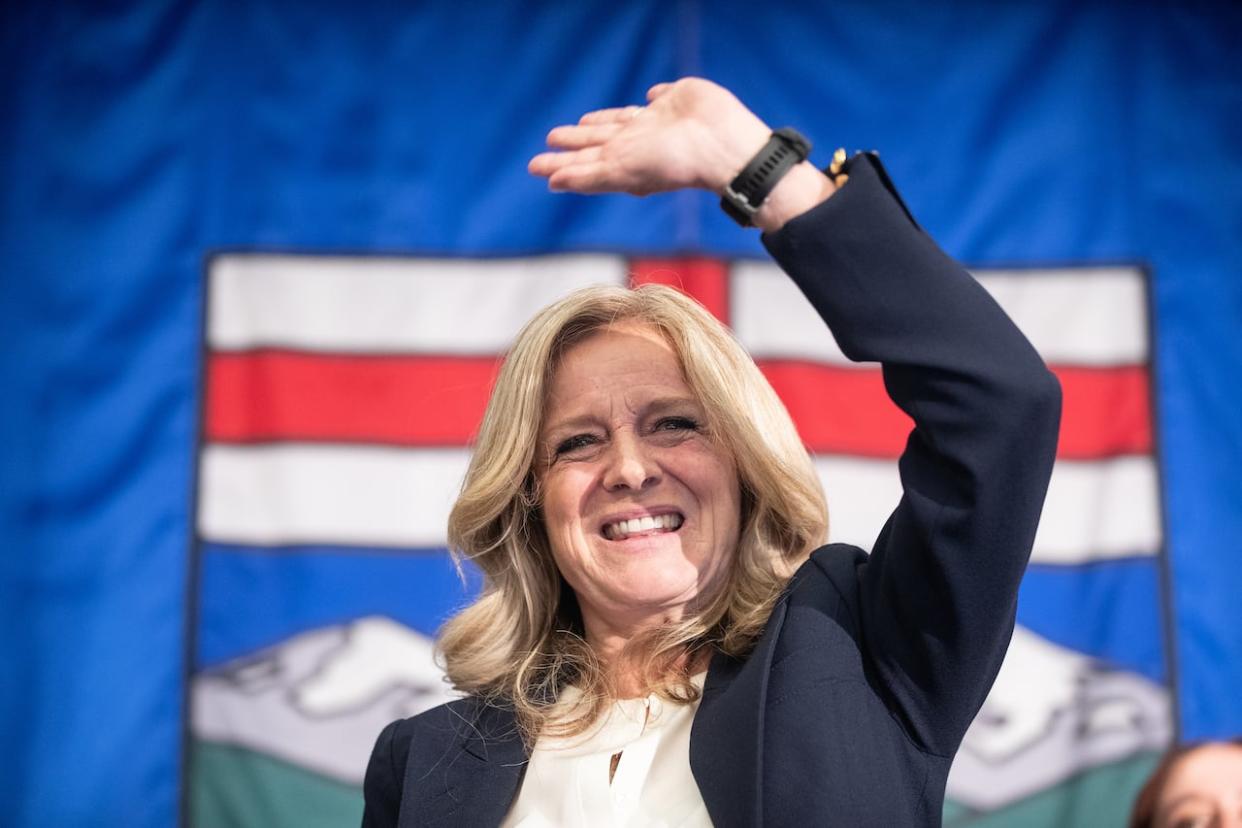 Alberta NDP Leader Rachel Notley waves as she concedes the election to the United Conservatives last May. She's stuck around as leader — again — despite the loss, but party insiders widely expect she'll step aside within months.  (Jason Franson/The Canadian Press - image credit)