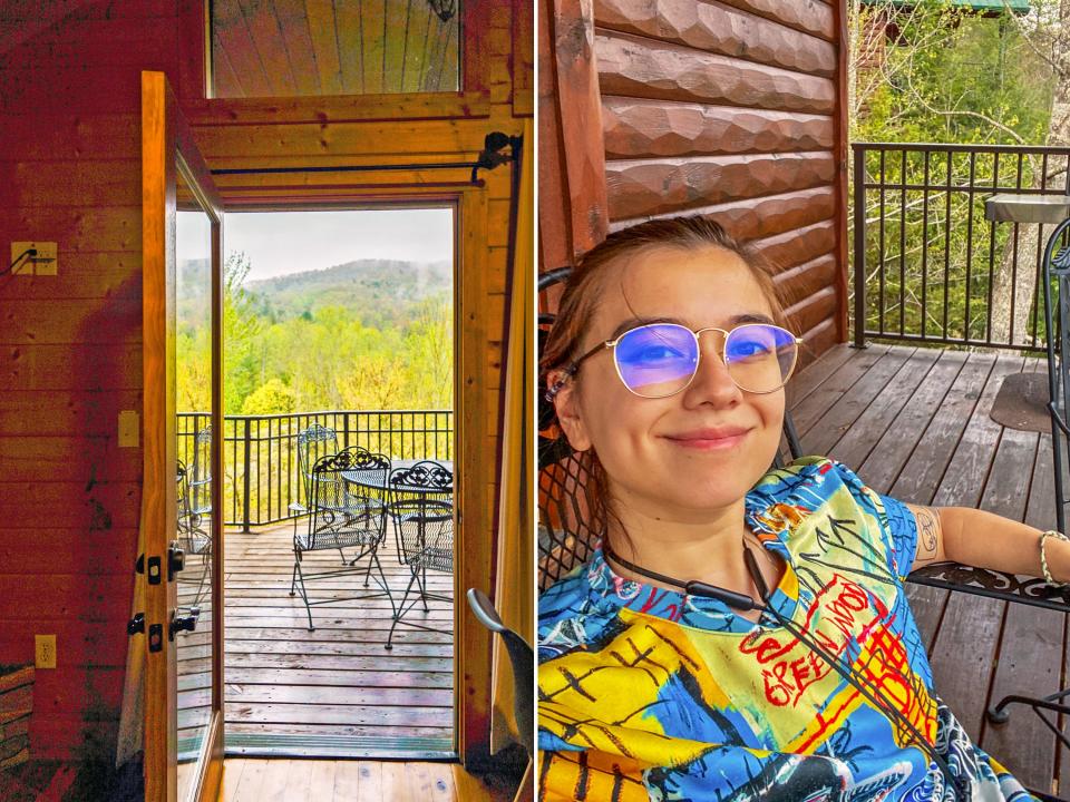 Left image: A windowed door in the wood-walleed cabin opened up to see the balcony with black chairs and a black fence in front of trees and mountains.