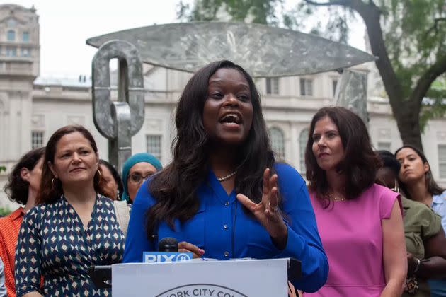 Assemblymember Rodneyse Bichotte Hermelyn speaks at a rally in City Hall Park supporting female candidates, July 13, 2021. (Photo: Ben Fractenberg/THE CITY)