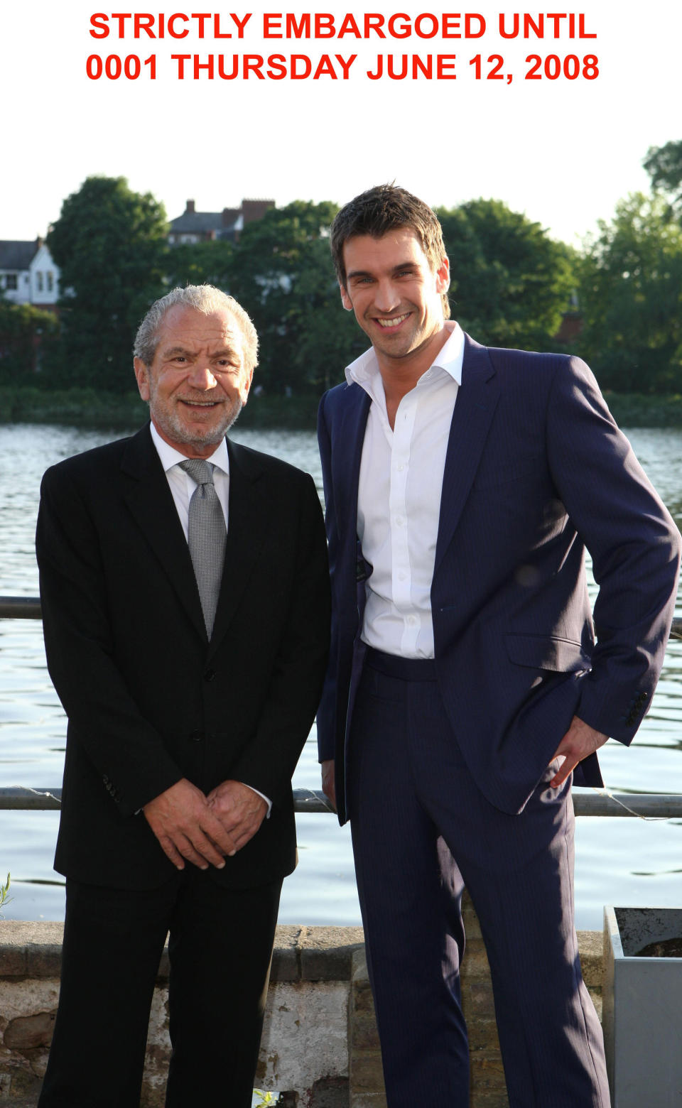 STRICTLY EMBARGOED. NOT FOR PUBLICATION BEFORE 0001 THURSDAY JUNE 12, 2008. Lee Mcqueen, the winner of series four of The Apprentice pictured with his new boss, Sir Alan Sugar during a photocall at the Riverside Studios in London.